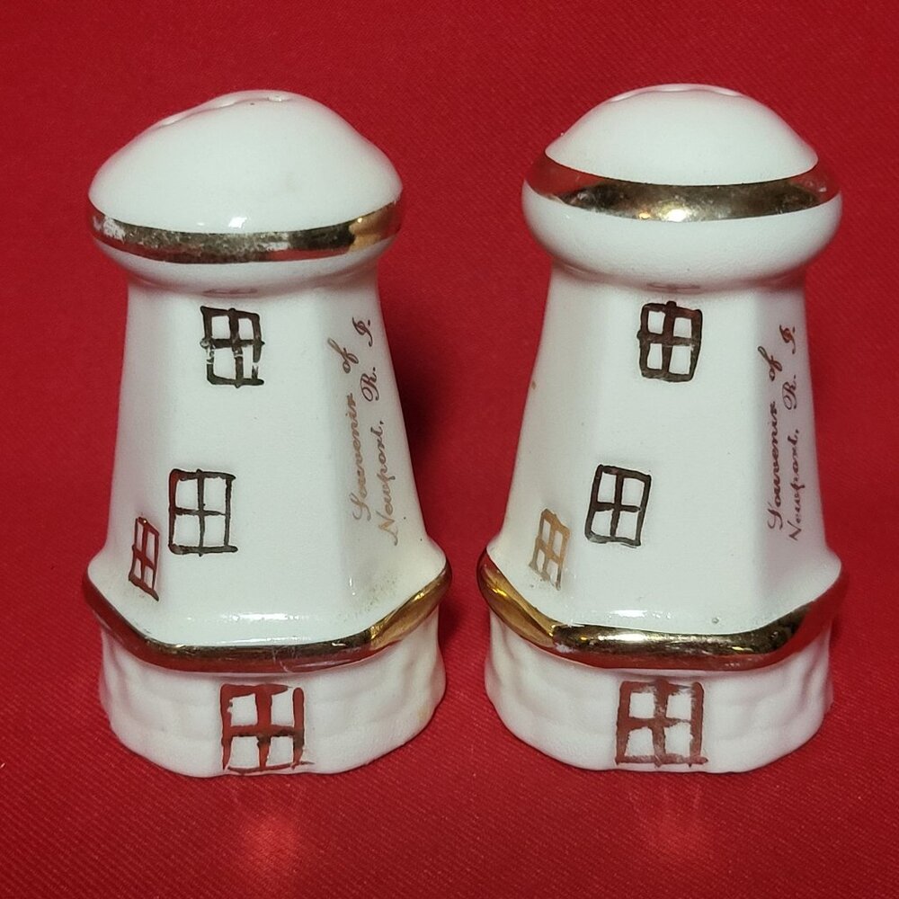 Vintage Lighthouse Salt and Pepper Shaker Gold Trim Set of 2
